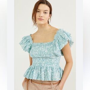 Love the Label Anthropologie Smocked Ruffle Flutter Sleeve Crop Top Tank